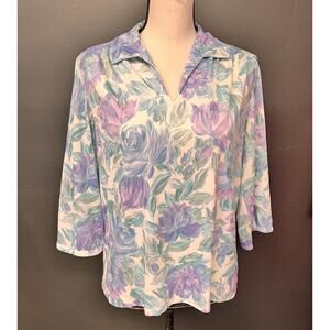 vintage women's top casual floral popover collar tunic blue purple rose print L